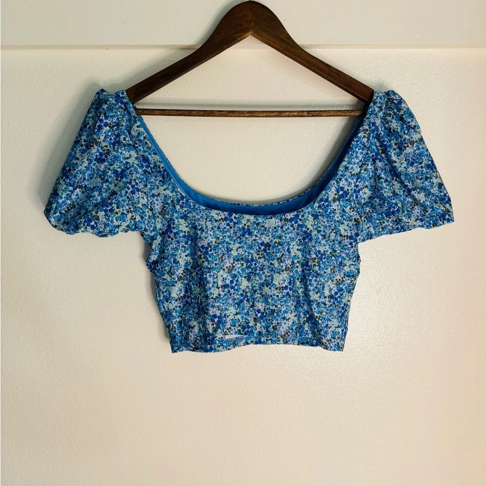 Splendid Blue Floral Longline Puff Sleeve Bikini Top - Size Large